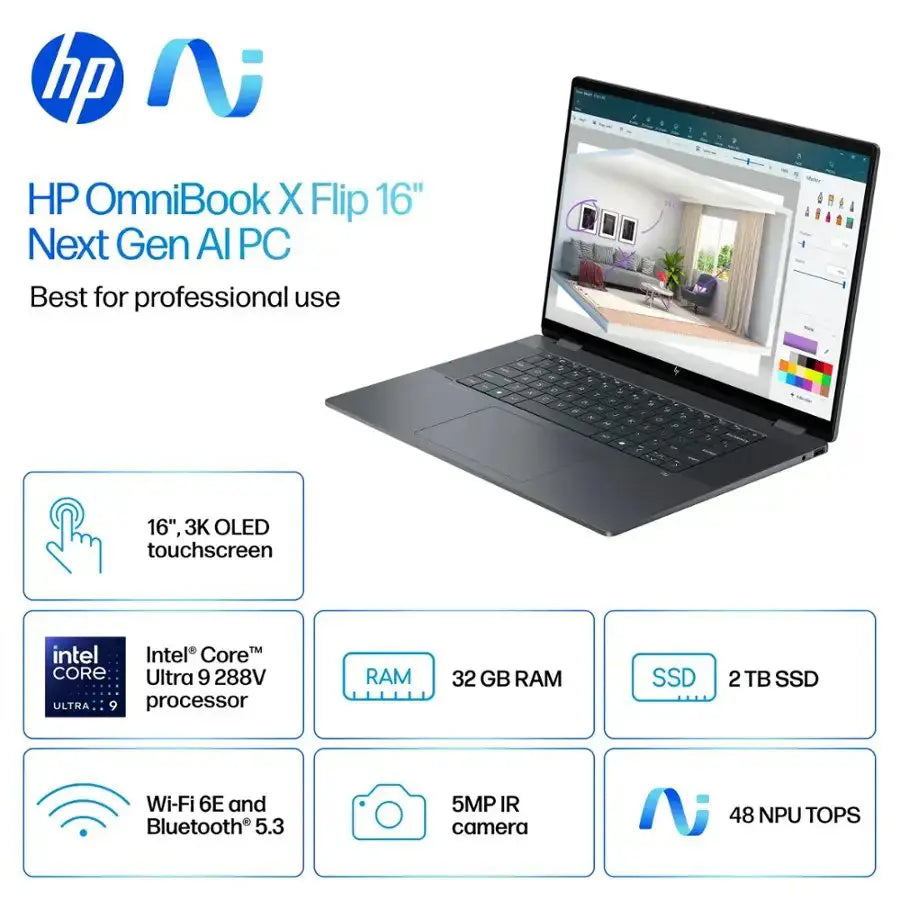 HP OmniBook X Flip X360 16-AS0043DX – Intel Core Ultra 9 288V, 32GB DDR5, 2TB SSD, Intel Arc 140V, 16" 3K OLED Touch, Win 11, Eclipse Grey HP